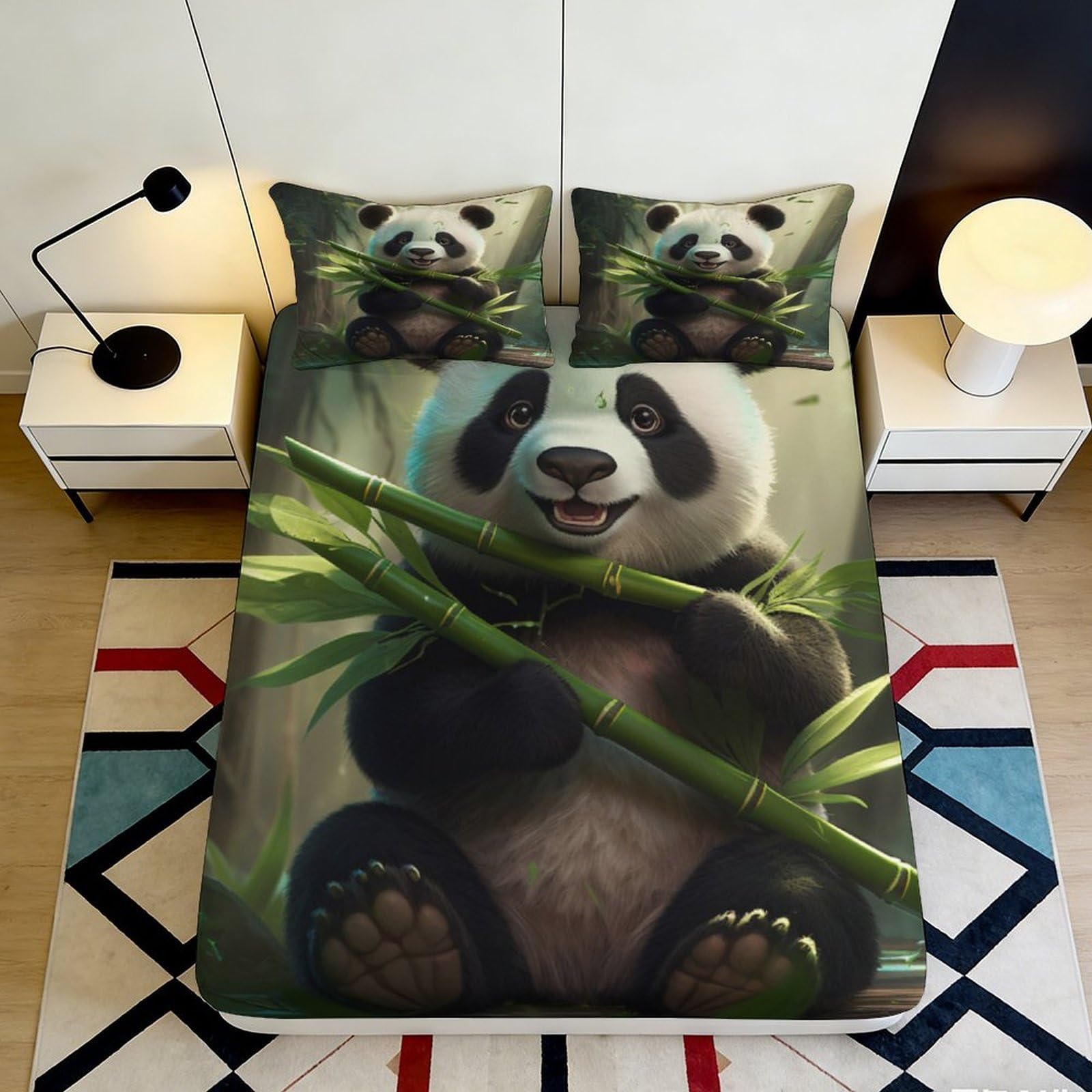 Uxinyoume Style-2 3D Printed Panda Bamboo Fitted Sheet Microfiber Soft Non-Slip Bed Sheet For Bedroom Guest Room Decor Easy Care 90X200x25cm