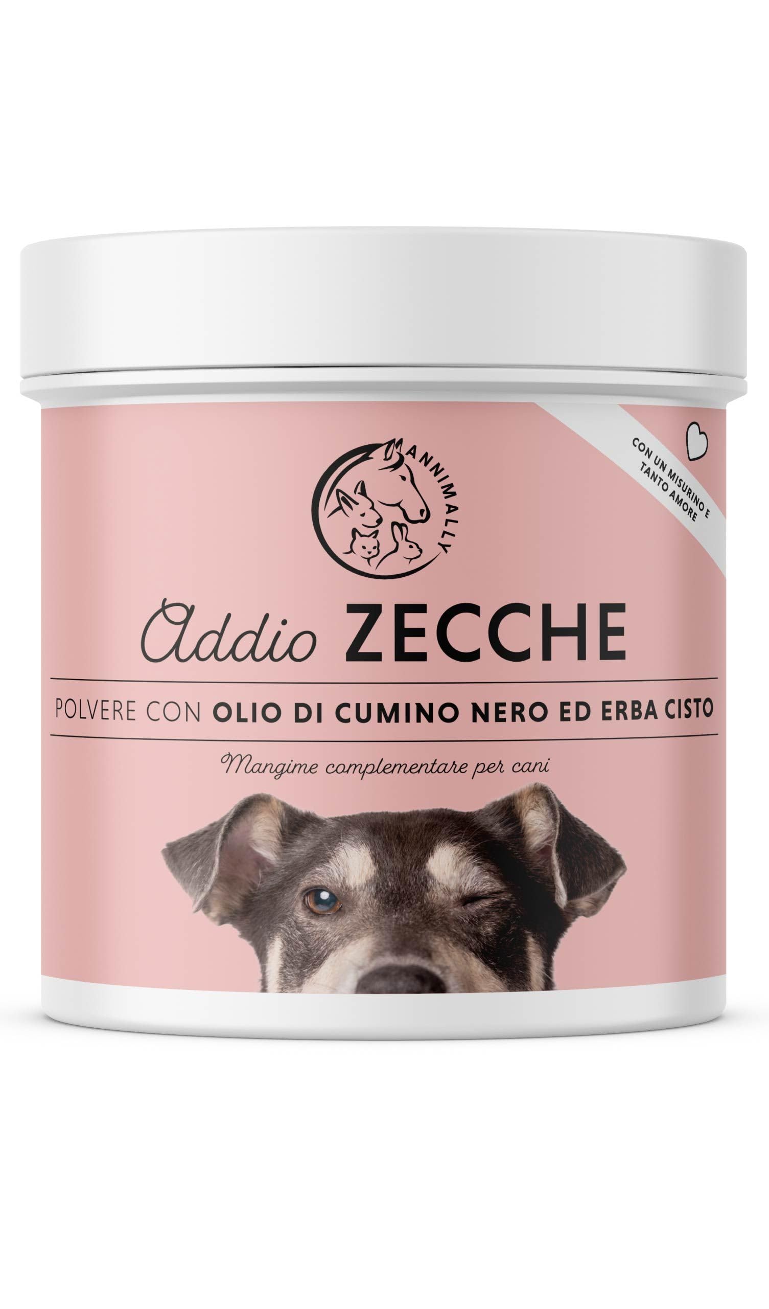 Addio Zecche in polvere per cani - 400g di polvere con olio di cumino nero, cisto, lievito di birra e alghe marine - Polvere efficace, completamente naturale come alternativa a compresse