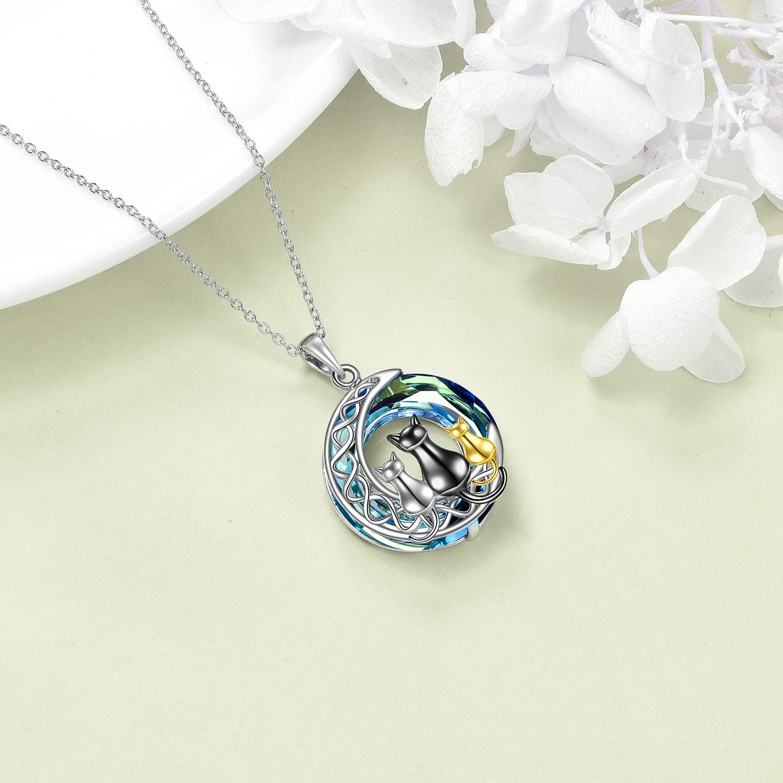 POPLYKE Katze Halskette Sterling Silber Schwarzer/Weiß Herz/Mond/Mondstein/Kristall Irischer Schmuck Geschenke für Frauen