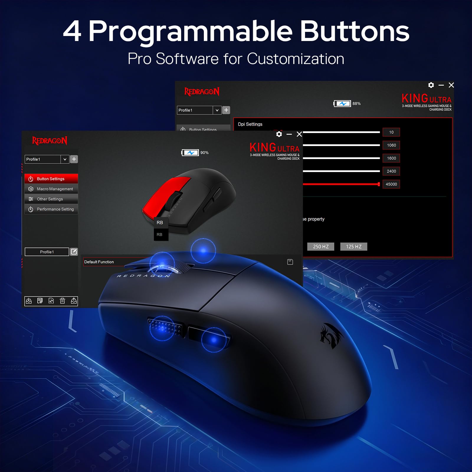 Redragon M999 Gaming Mouse, 2.4GHz/BT/Wired, Nero, Base di Ricarica