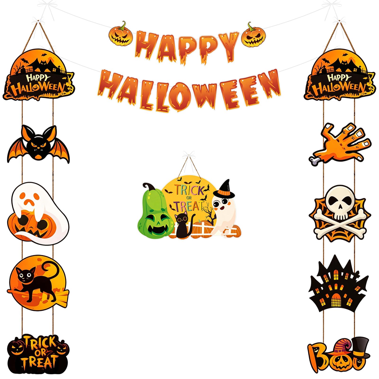 Happy Halloween Banner & Spooky Hanging Door Sign Ornaments Party Decor
