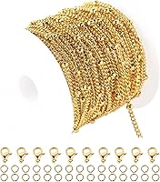 Vista 10 de UMAOKANG Cadenas chapadas en oro para hacer joyas, cadena de cable de acero inoxidable de 16.4 ft a granel con anillos de salto y cierres