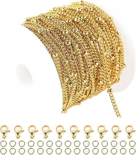 Cadena dorada de 16.4 pies de acero inoxidable con cuentas trenzadas, cadenas a granel con anillos de salto, cierres de langosta para hacer joyas,