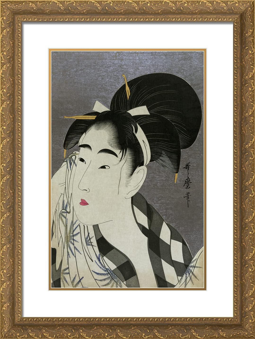 ArtDirect Utamaro, Kitagawa 18x24 Gold Ornate Framed Art Print with Double Matting Titled: Ase Fuku Ona