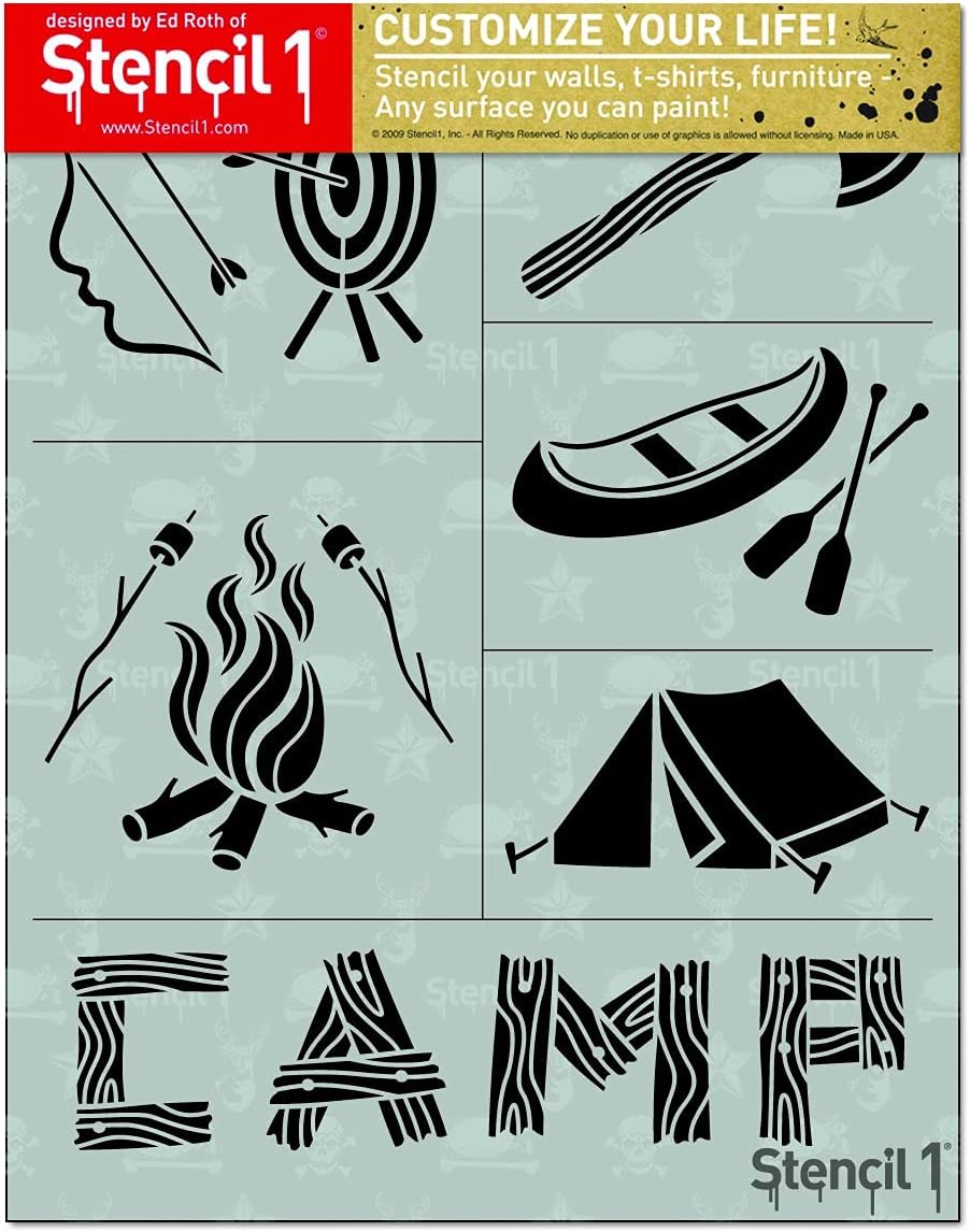 Stencil1 Camp 6-Pack Stencil Set - Attractive & Durable Quality Reusable Stencils for Painting - Create Stencil Crafts and Decor - Decor on Walls Fabric & Furniture Recyclable Art Craft - 8.5" x 11"