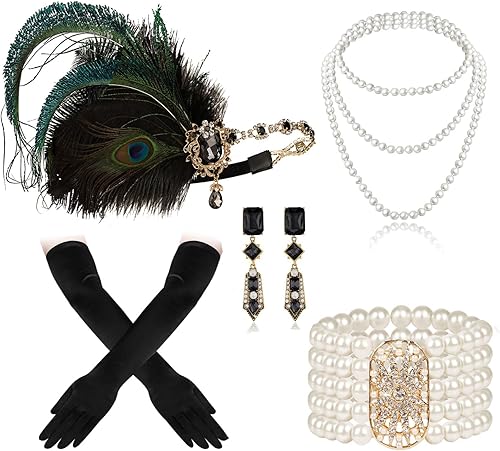 Cizoe (aa) - Juego de accesorios de estilo Gatsby de la década de 1920, para mujer, diadema de estilo flapper, tocado, collar, guantes