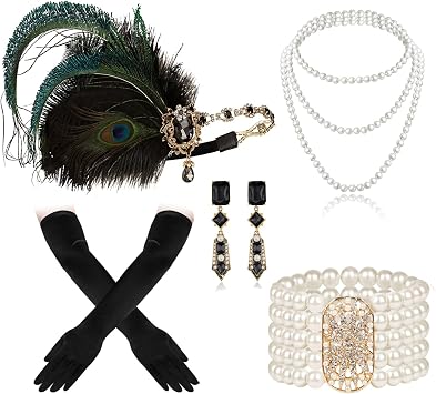1920s Gatsby Accessories Set for Women Flapper Headband 20s Headpiece Necklace Glovesaa