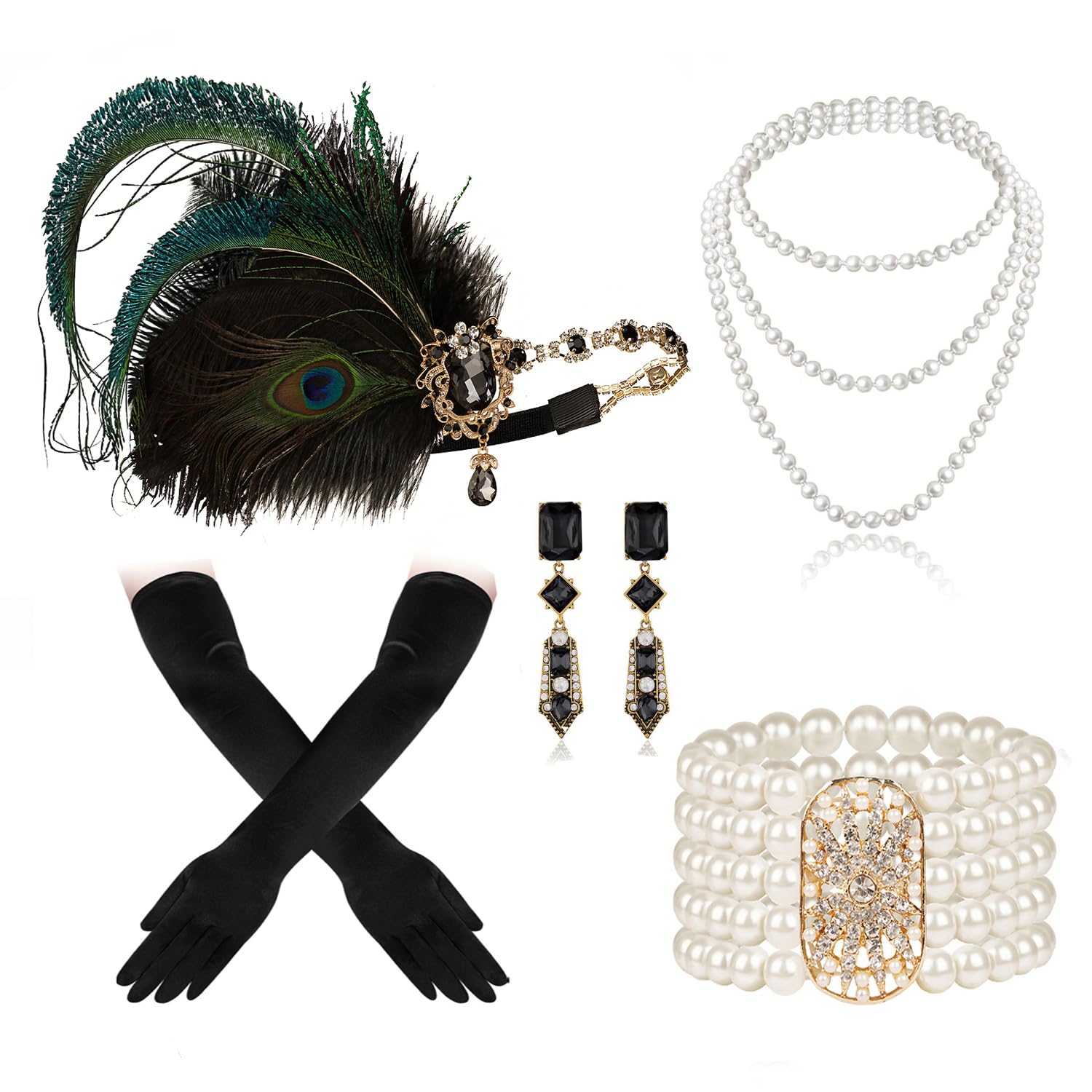 Cizoe 1920s Gatsby Accessories Set for Women Flapper Headband 20s Headpiece Necklace Gloves(aa)