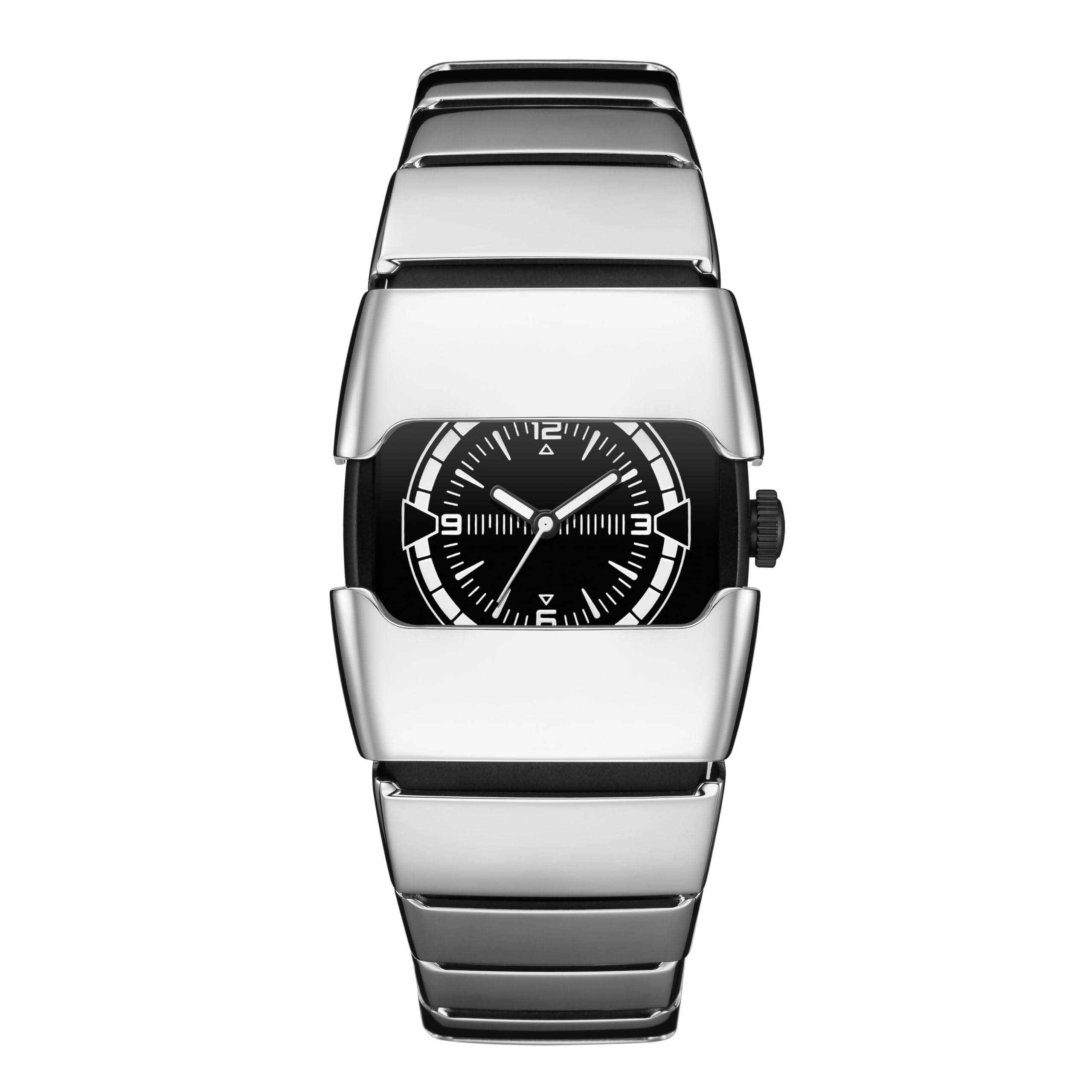 BENLYDESIGN Luminous Dial Silver Shiny Cool Quartz Watch, Unique Metal Futuristic Watch for Men, 5 ATM Waterproof Mens Stainless Steel Watch