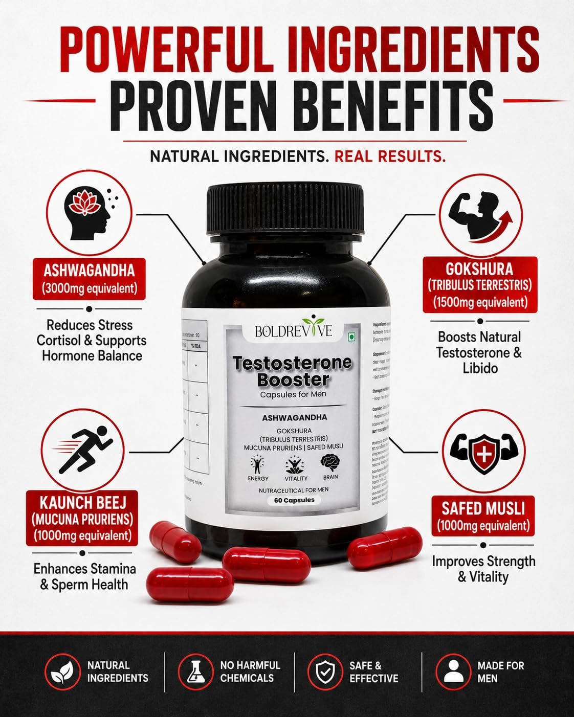 Testosterone Booster Capsules for Men | Ashwagandha Gokshura Kaunch Beej Safed Musli | Supports Energy Stamina Strength Performance & Vitality | 60 Capsules — Amazon image 4