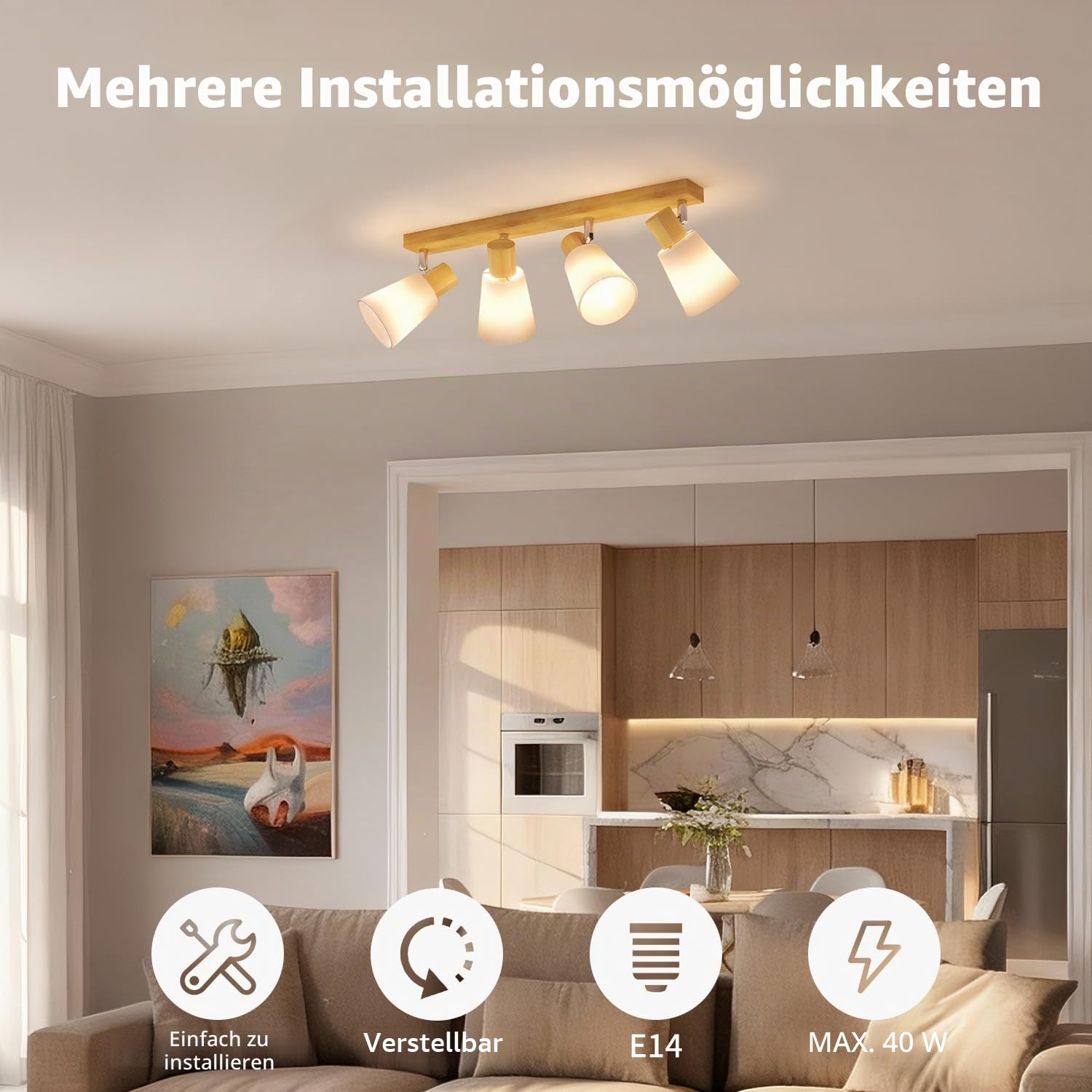LVWIT Deckenlampe Deckenleuchte 4 Flammig GU10 Deckenstrahler Deckenspot 350° Schwenkbar Lampe Wandstrahler E14 Fassung MAX 40W für Schlafzimmer Wohnzimmer Küche, Ohne Leuchtmittel