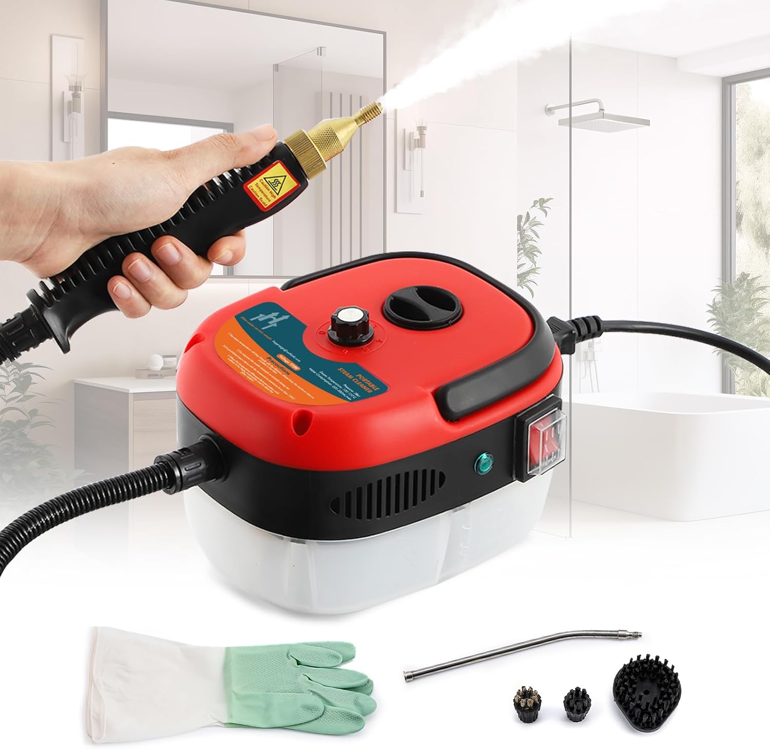 2500W Handheld Steam Cleaner, Pressurized Steam Cleaning Machine with 3 Brush Heads, 20s Heat Up, 1L Tank, Multipurpose Mini Portable Steamer for Tile, Grout, Furniture, Kitchen, Car, Home