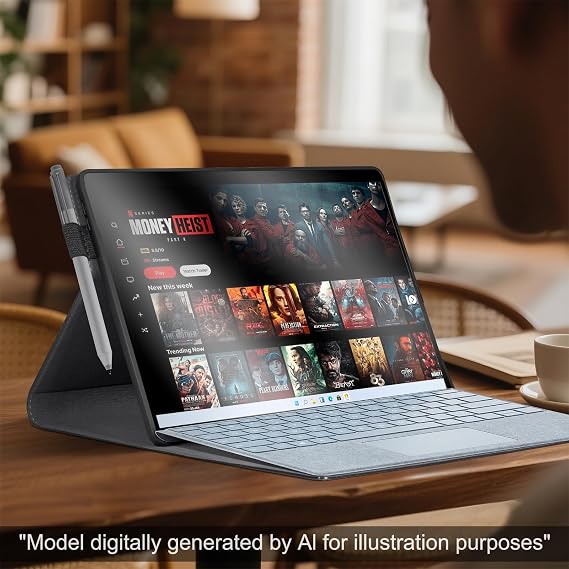 レザーケース Microsoft Surface Pro 9/10/11 13インチ用、プレミアムレザー、ビジネスポートフォリオサポートタイプカバーキーボード&ペンシルホルダー、自動スリープ/スリープ解除、マルチアングルビューカバー、ブラック