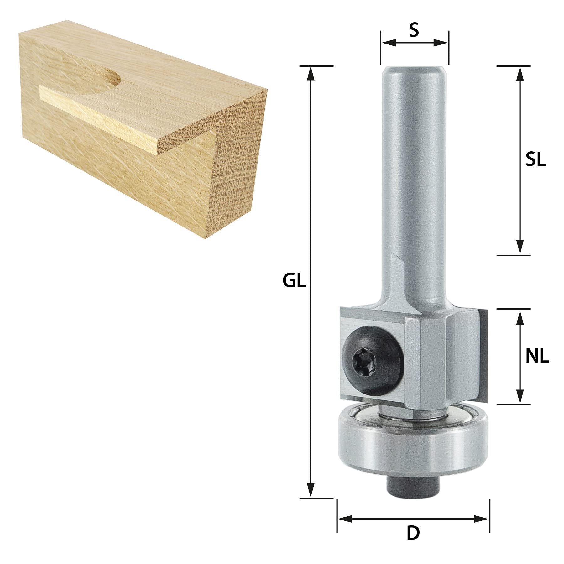 ENT 20290 Plaquettes de fraisage affleurantes en carbure avec roulement à billes, tige (S) 8 mm, diamètre (D) 19 mm, NL 12 mm, GL 50 mm, SL 30 mm