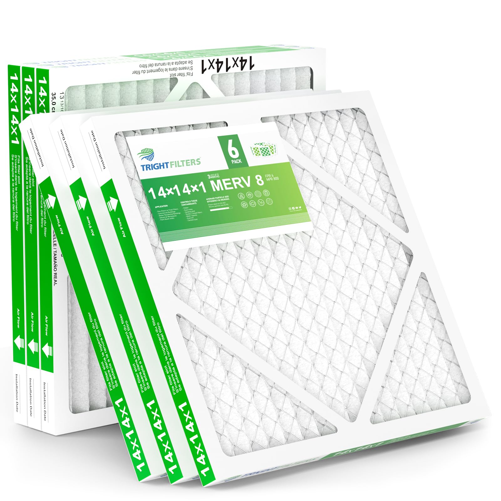 TRIGHTFILTERS 14x14x1 Air Filter 6 Pack, MERV 8 Filter Replacement | Dust & Allergy Defense, Durable Pleated Home HVAC AC Furnace Filters, Lightweight Compact Air Conditioner Filter Replacement
