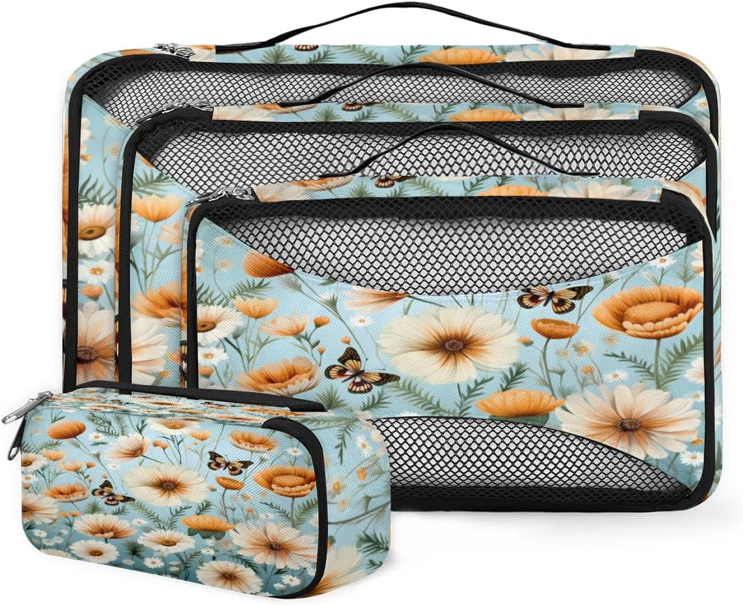 4 Set Packing Cubes for Suitcases, Travel Essentials for Carry on Luggage, Colorful Flowers Suitcase Organizers for Clothes Shoes Toiletries Travel Accessories in 4 Sizes - Bright Flowers