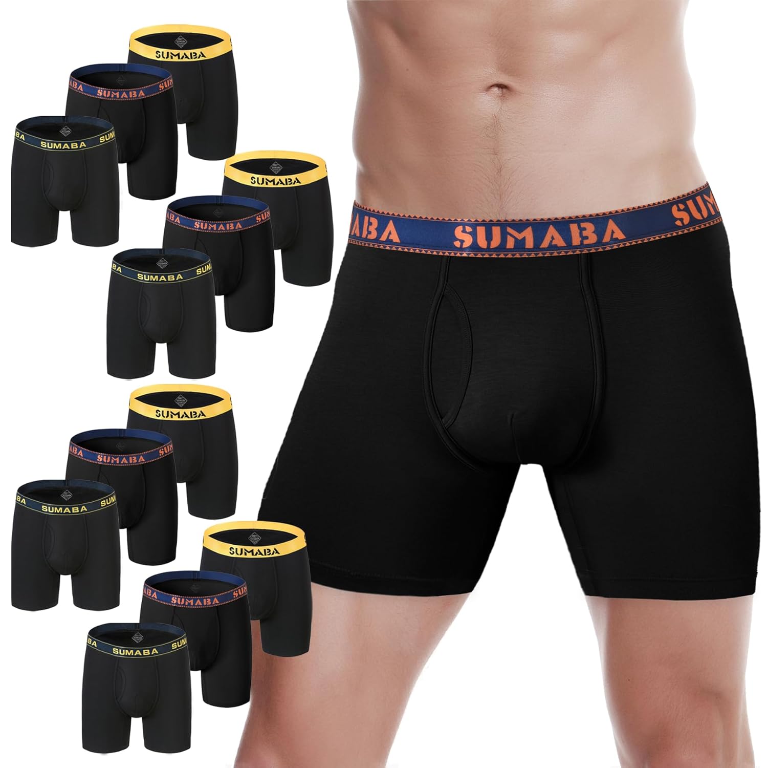 SUMABA Long Leg Men Underwear Boxer Briefs Fly with Pouch No Ride Up Underpants for Men