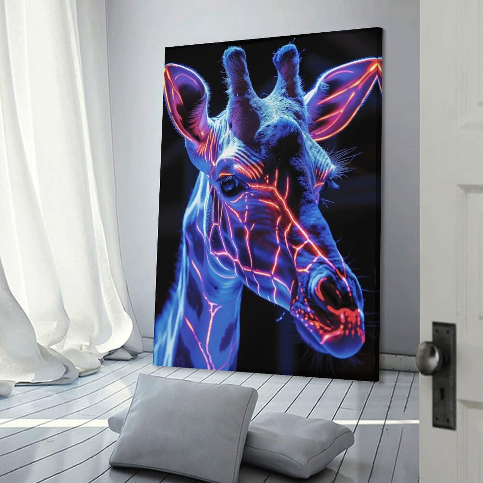 Junmoney Frame-Style-12-1 Decorative Wall Artwork Neon Giraffe Portrait, 08X12inch(20X30cm), For Lounge, Bedroom Or Personal Spaces, Thoughtful Wall Decor For Art Lovers