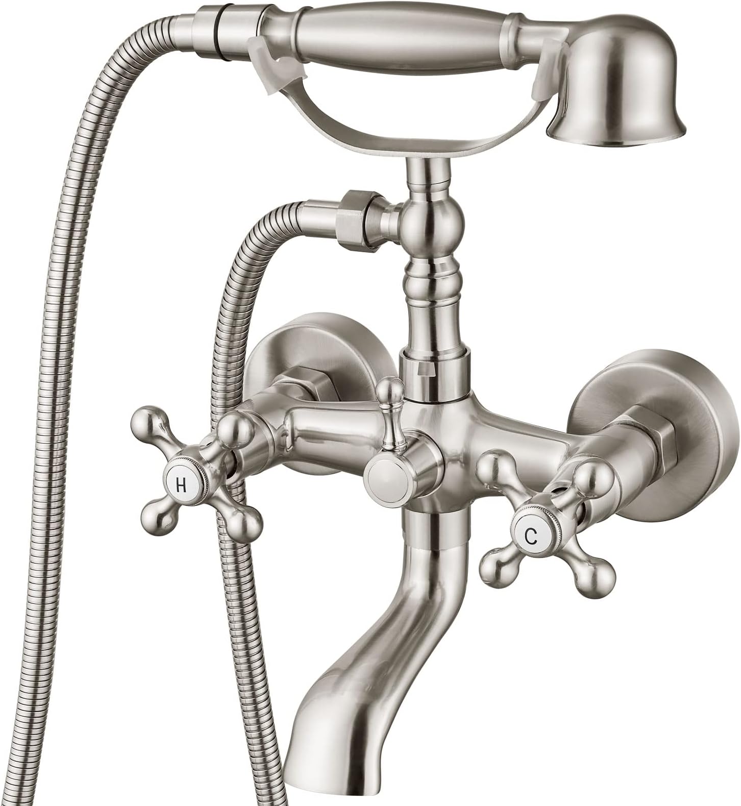 Aolemi Wall Mount Bathtub Faucet Brushed Nikcel Double Cross Handle Bathroom Tub Filler with Handheld Shower Sprayer Vintage Telephone Shaped Basin Mixer Taps with Swivel Spout