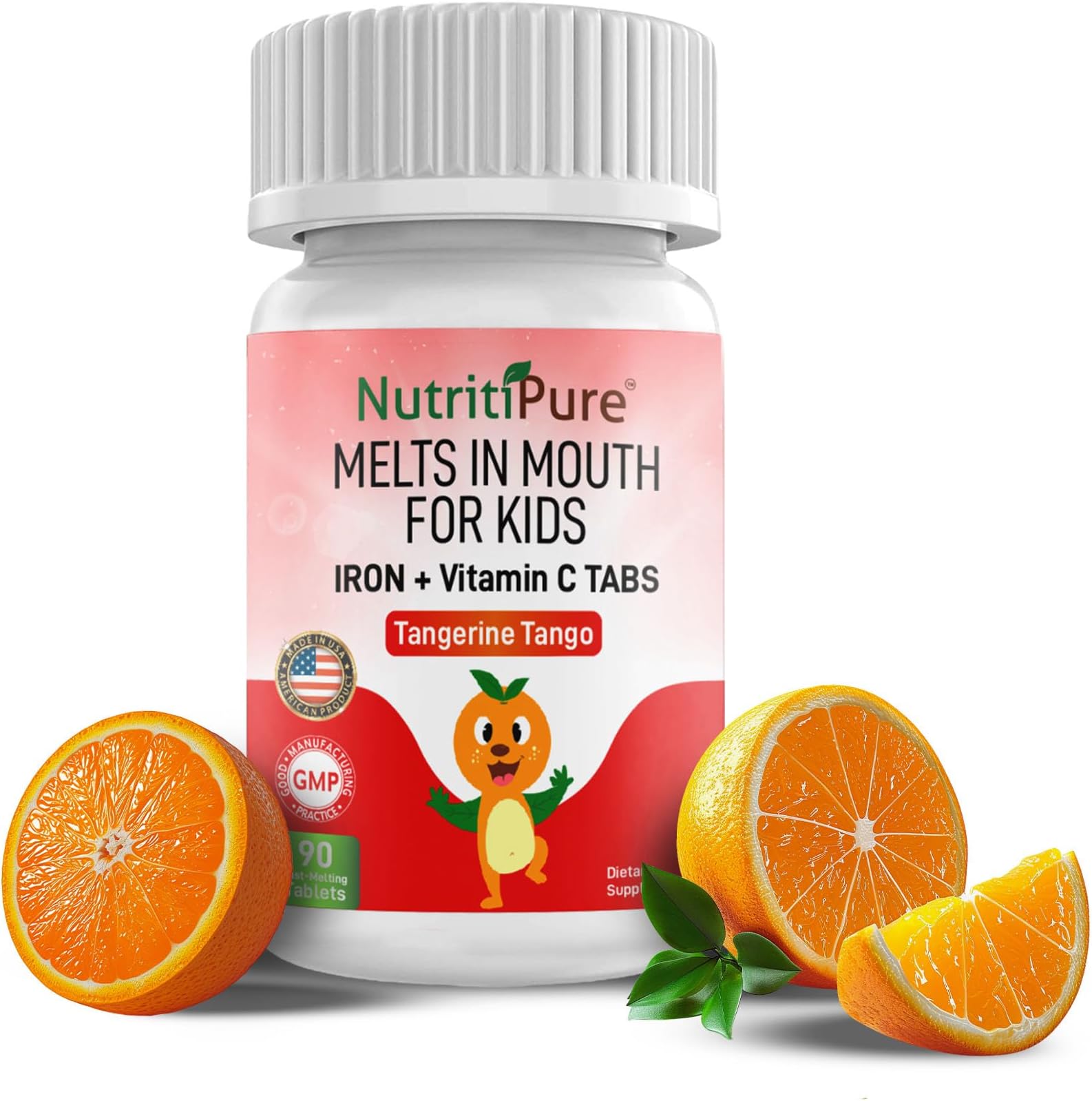 NutritiPureKids Chewable Iron Supplement (Ferronyl®/Carbonyl Iron 9 mg with Vitamin C 30 mg) Tablet in Tangerine Tango Orange Flavor 90 Count (1 Bottle)