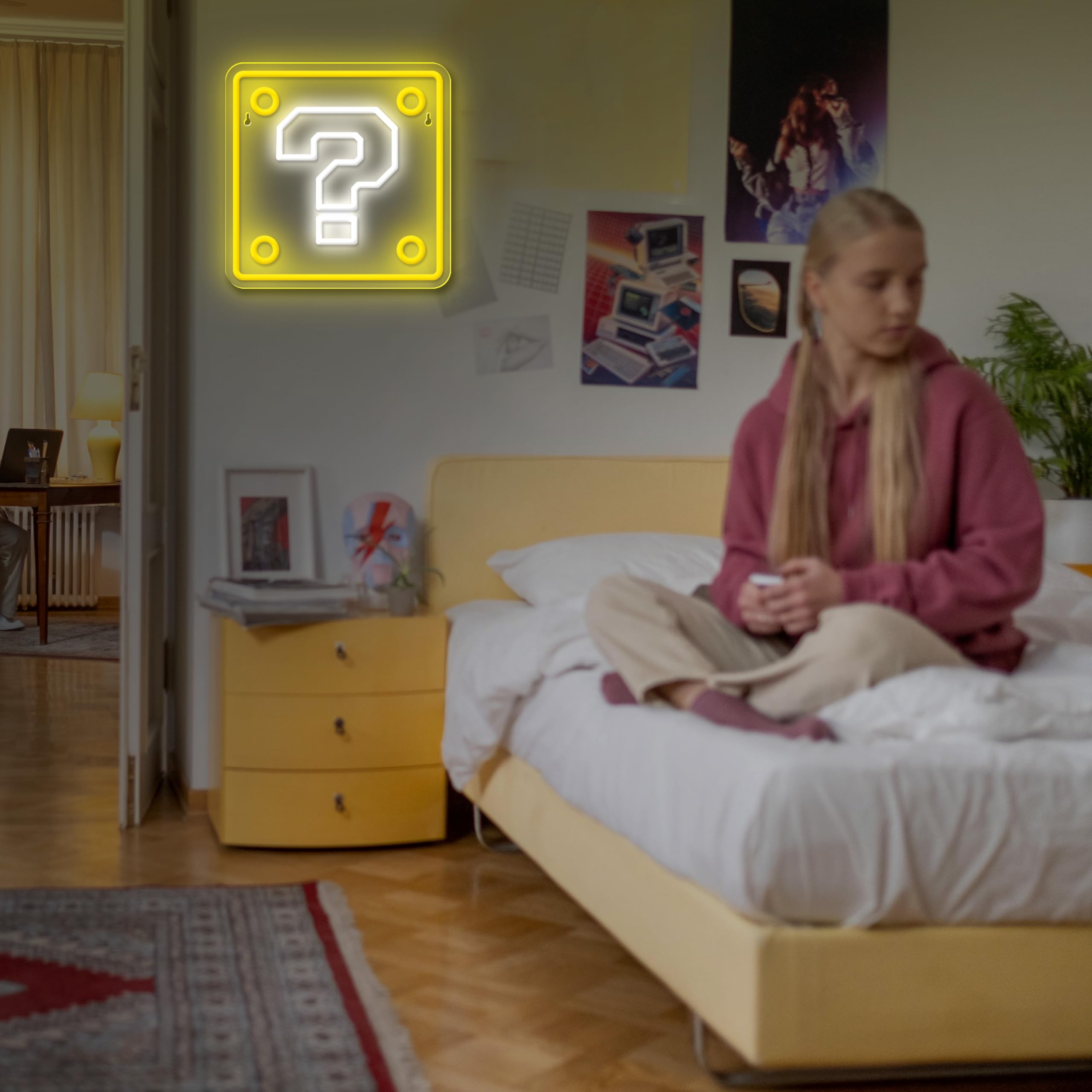Letrero de neón de bloque de preguntas, luz LED de neón cuadrada de Mario alimentado por USB, luces de noche LED para decoración de pared de sala de juegos, cueva de hombre, decoración de habitación