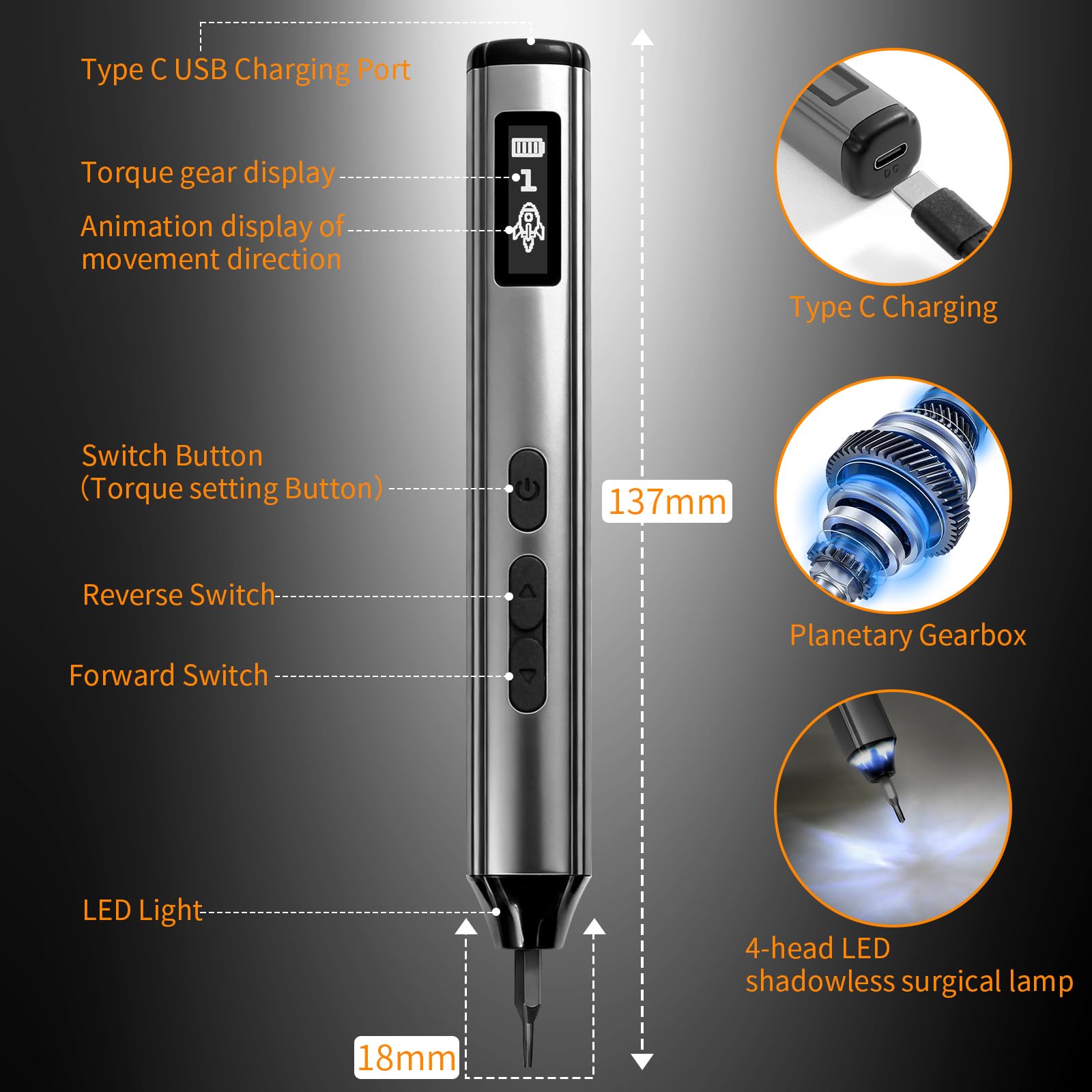 Cacciavite elettrico senza fili 60 in 1, max 0,5 N.m, batteria 460 mAh, 5 impostazioni di coppia, punte in acciaio S2, 4 luci, set di cacciaviti di precisione da 3,7 V per elettronica, computer