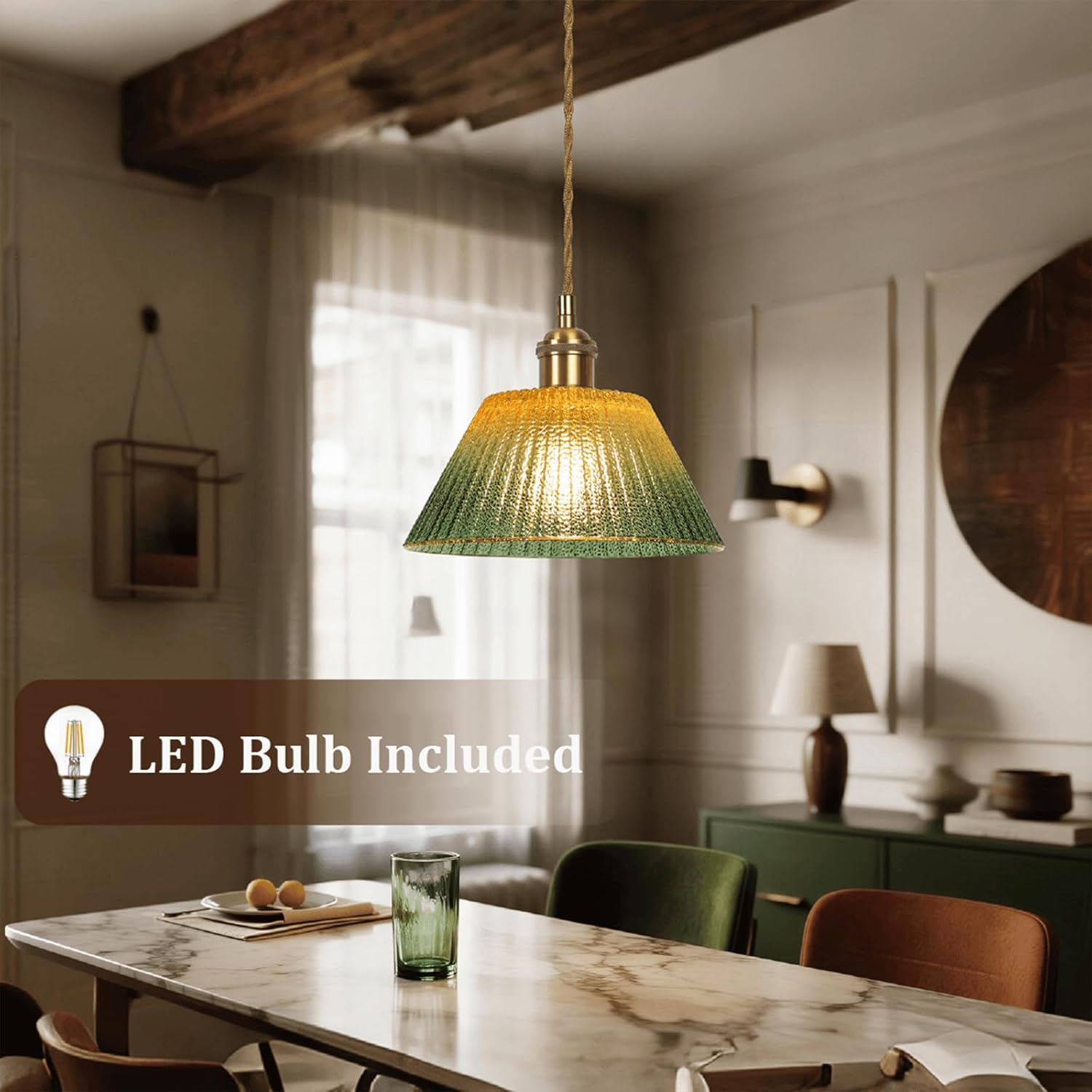 Glass Pendant Light Fixtures Adjustable Hanging Lamp, Gold Green Glass Pendant Lights Kitchen Island Dining Room Hallway Bedroom Living Room, LED Bulb Included
