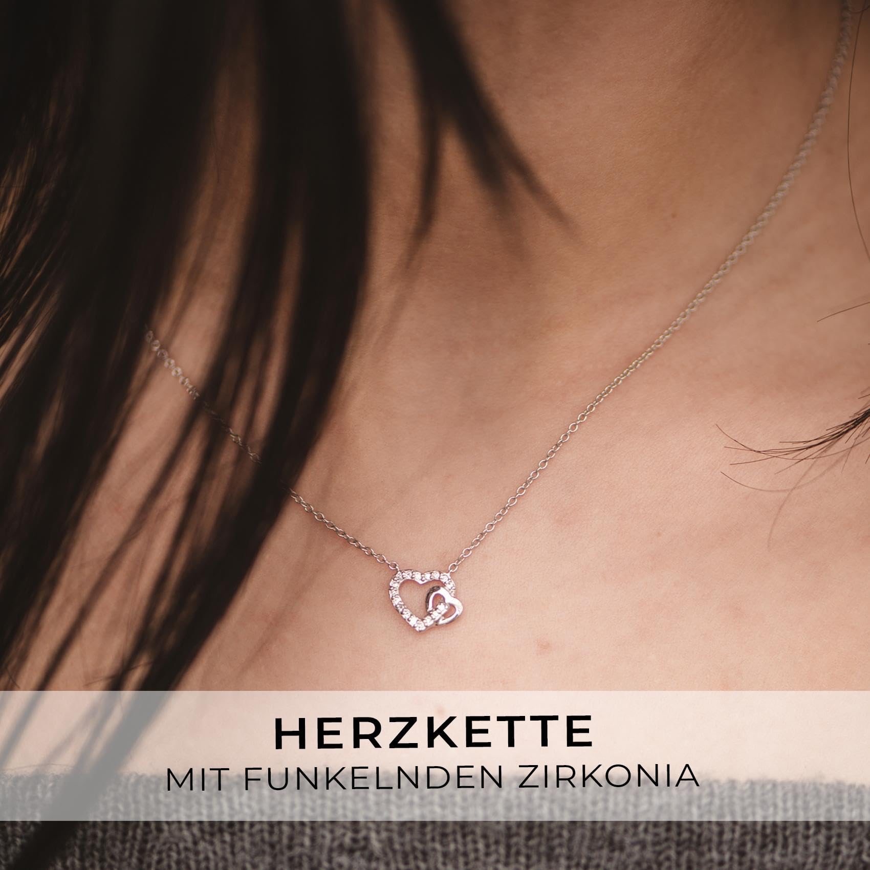 Damen Kette Herz Anhänger Halskette 925 Sterling Silber, Herzkette 2 Herzen | Echtsilber zwei verschlungene Herzen, Echt Silberkette mit Zirkoniasteinen, Schmuck Geschenk für Frauen Sie Frau Freundin