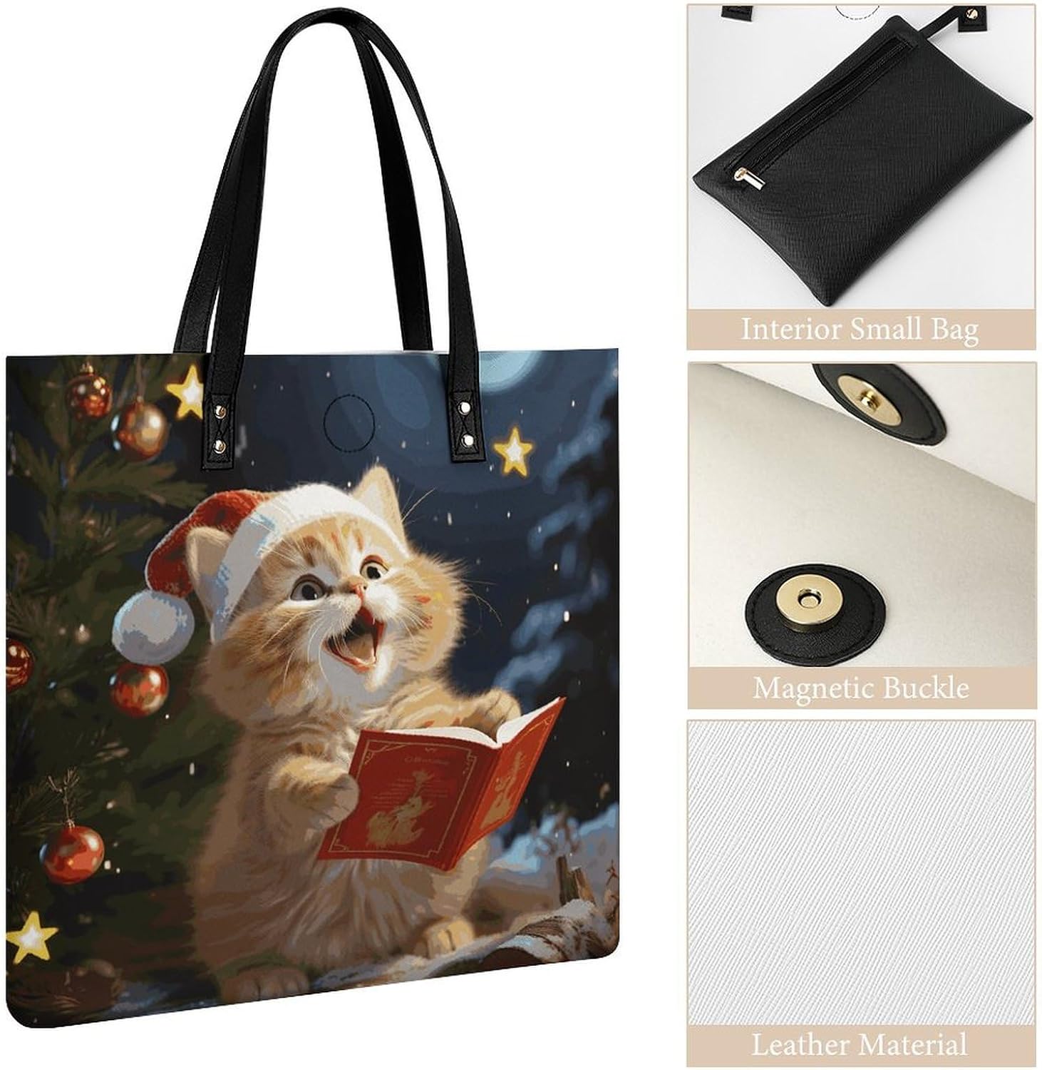Cute Cat Sing Christmas Carols Handbags Large Capacity, Tote Bag Stylish Slouchy, Shoulder Bags for Work Beach Travel And Shopping Grocery.