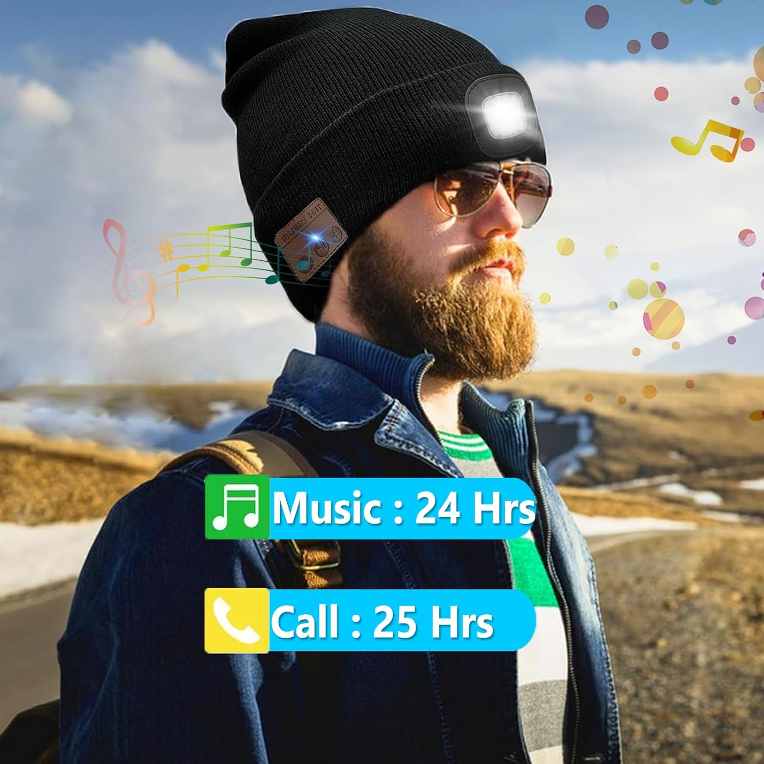 Wireless Music Beanie Hat with Light Unisex Musical Knitted Cap Beanie with Light Built-in Speakers Mic Headphone Beanie Hat Gifts for Men Women Running Camping Fishing - Image 2