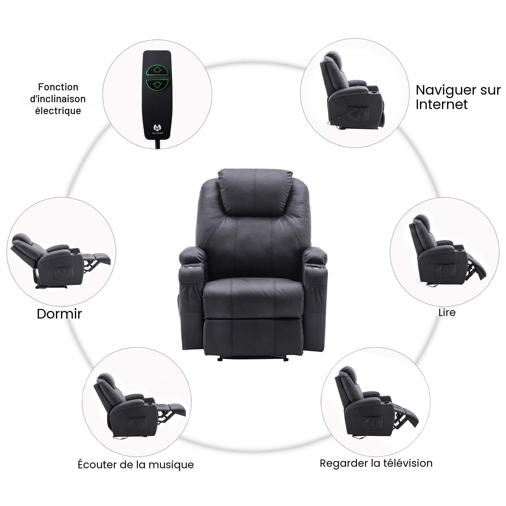 MCombo Fauteuil de Massage électrique inclinable et Vibrant (Noir)