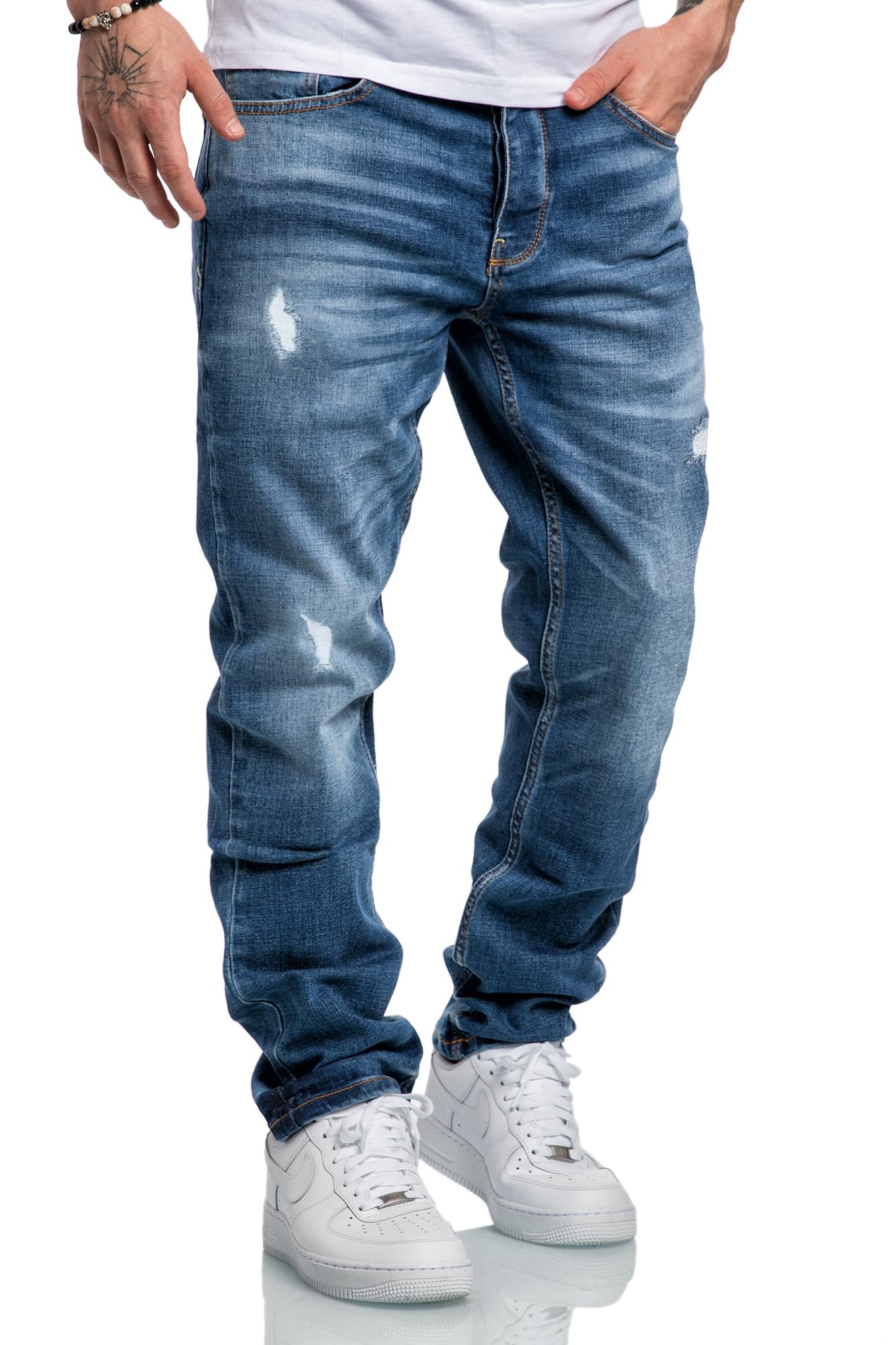 REPUBLIX Herren Jeans Regular Straight Fit Denim Hose Destroyed R7998