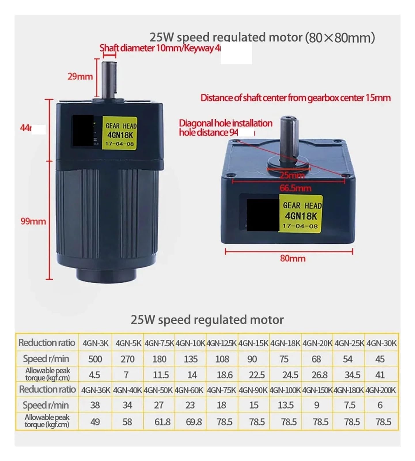 Motor asíncrono 25W 220V AC de engranaje con regulador velocidad 4IK25RGN-C Velocidad ajustable Monofásico Asíncrono Alto Torque(0-90 RPM)