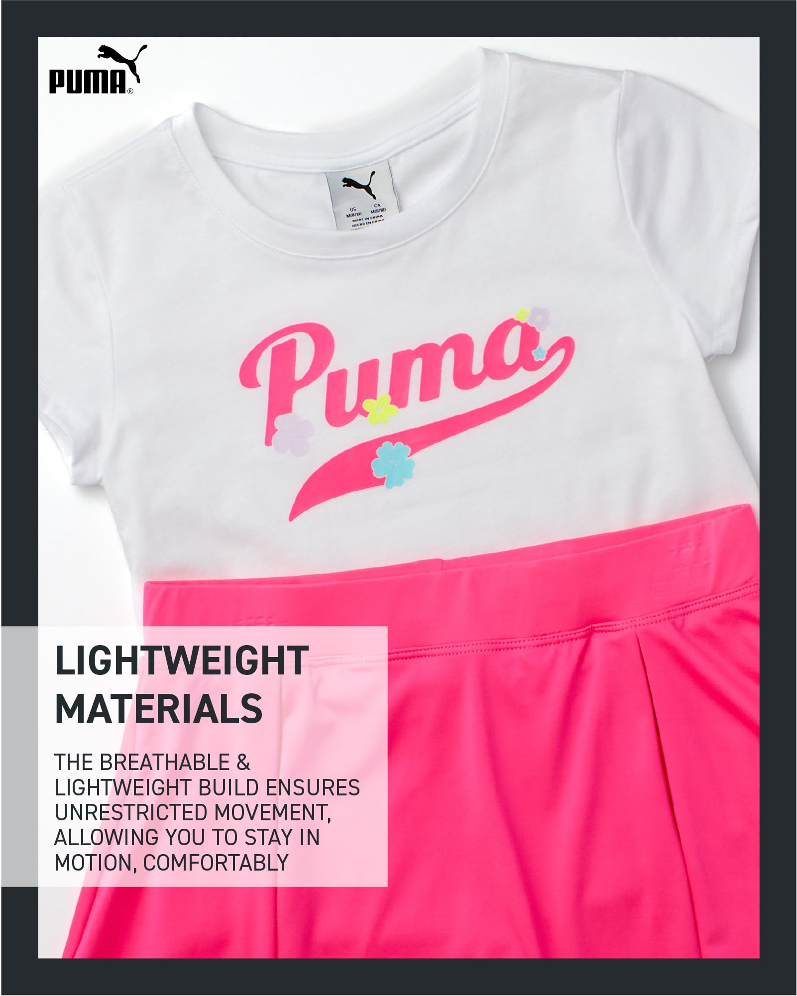 PUMA Conjunto de falda activa para niñas, falda deportiva de 2 piezas y camiseta deportiva de manga corta, conjunto deportivo de verano para niñas (7-14)