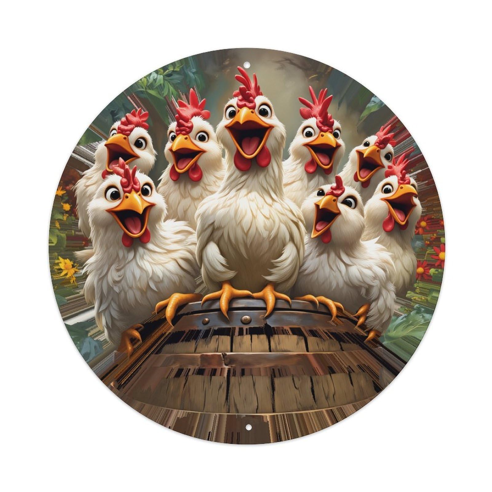 Chicken Group Barrel Forest Scene Round Tin Sign Retro Metal Sign for Cafe Bar Pub Home Game Room Gym Club Wall Decoration Vintage Metal Poster 8x8 Inch
