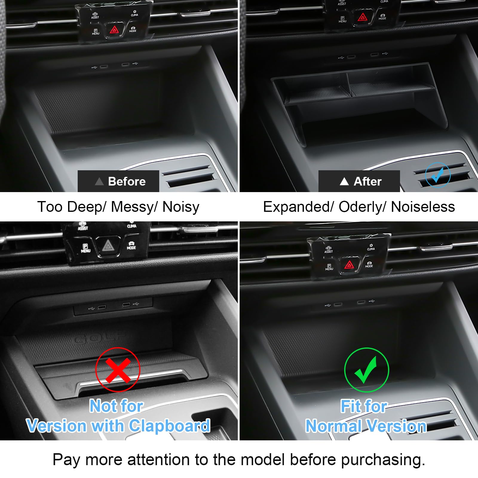 Scatola Portaoggetti del Console Centrale Compatibile con VW Golf 8 8.5 GTI GTD GTE 2020-2025, Console Centrale Portaoggetti, Golf 8 Accessori Braccioli Organizer con Tappetino Nero