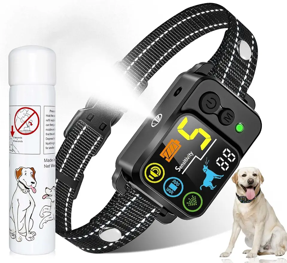 Coleira para cães com casca de citronela em spray, com 5 sensibilidades ajustáveis, bipe + vibração + spray, 5 modos de funcionamento, coleira de casca de citronela, coleira impermeável IP66 para cães