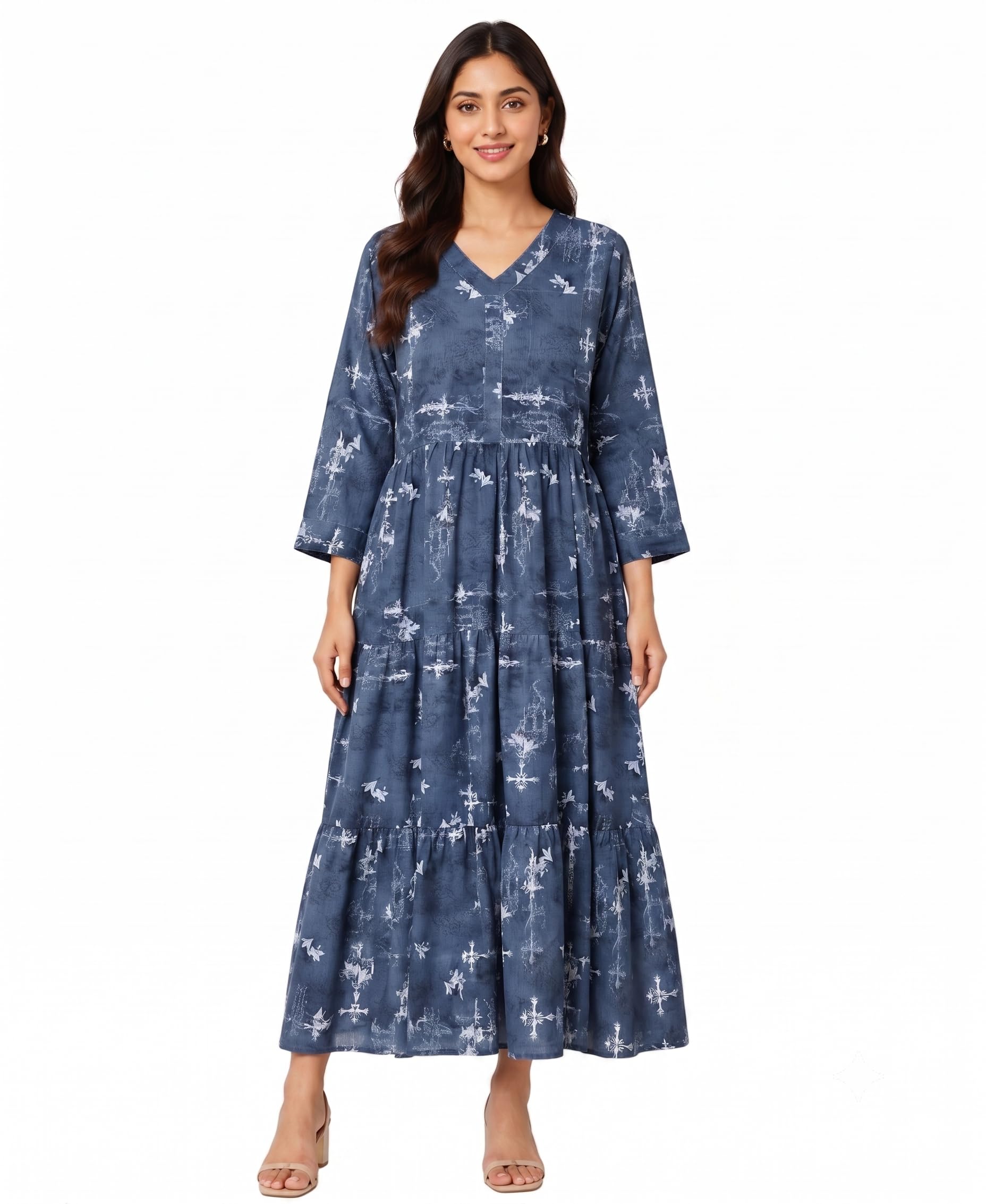Fashion SenoraaWomen's Floral Printed Maternity Dress | V-Neck | 3/4 Sleeves | Tiered A-Line Casual Pregnancy Long Dress for Women-image-43