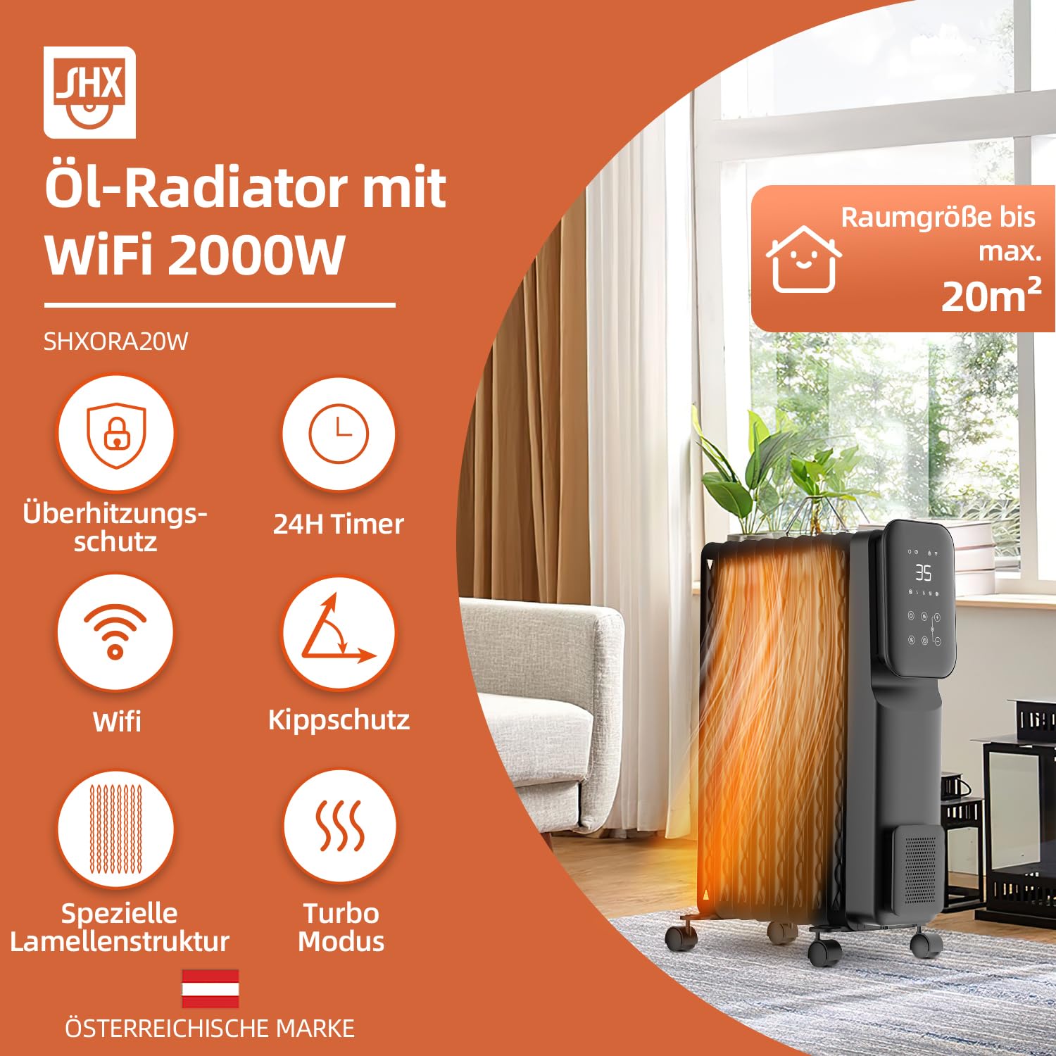 SHX Ölradiator Heizung 2000 Watt mit Wifi, 3 Heizstufen, 24 Stunden Timer, Elektronisches Thermostat, Boost Funktion, Heizt bis zu 40 qm Fläche, Weiß