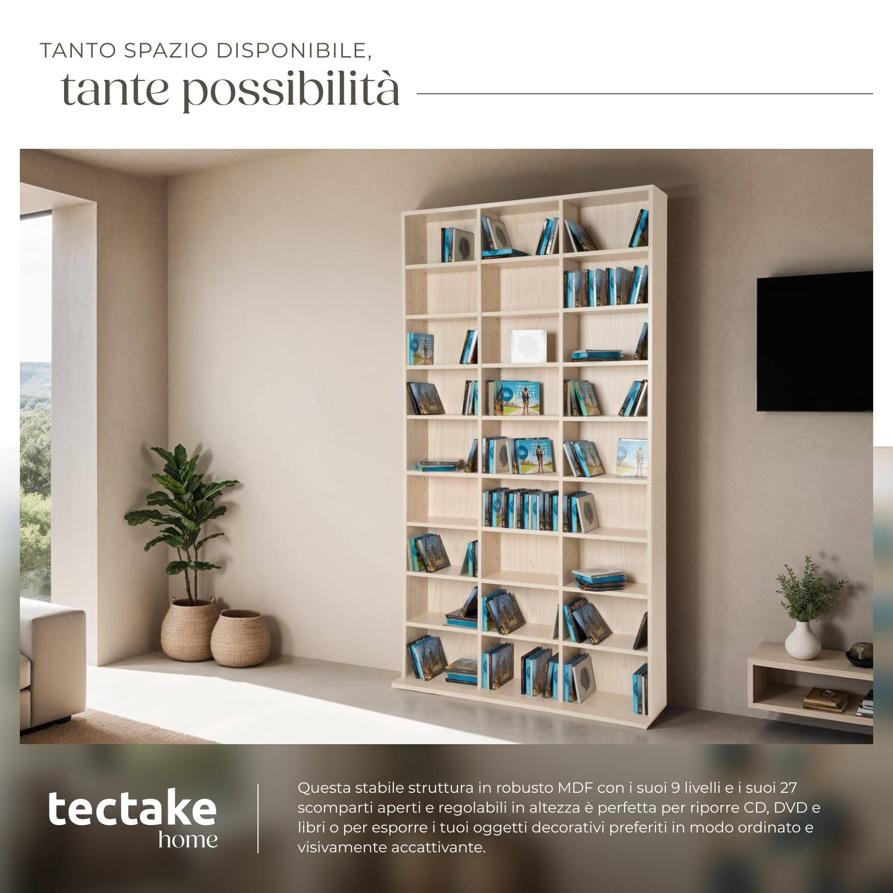 TecTake® Scaffale Porta CD DVD Archiviazione 1080 CD, Supporto di Archiviazione, 27 Piani, Facile da Montare, Materiale MDF con Rivestimento Plastico, Dimensioni 180x102x23,5 cm, Peso 34 kg - Faggio