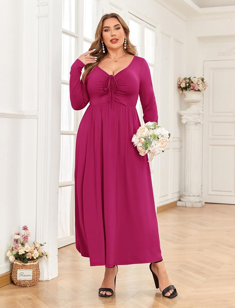 ladies dresses near me Women Plus Size Solid Pink Dobby Weave Square Neck Thigh-High Slit Fit &  Flare Maxi Dress