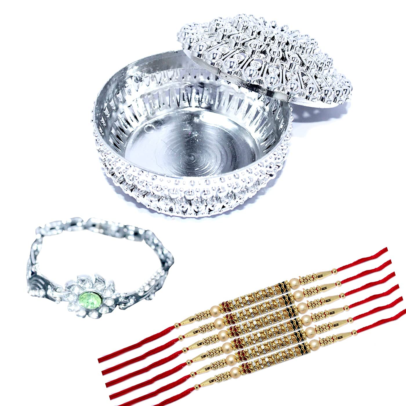 BOXO Small Jewellery Box with 1 Braclete Rakhi and 6 Designer Dhagga Rakhi for Brother Rakhi Gift Pack of 1