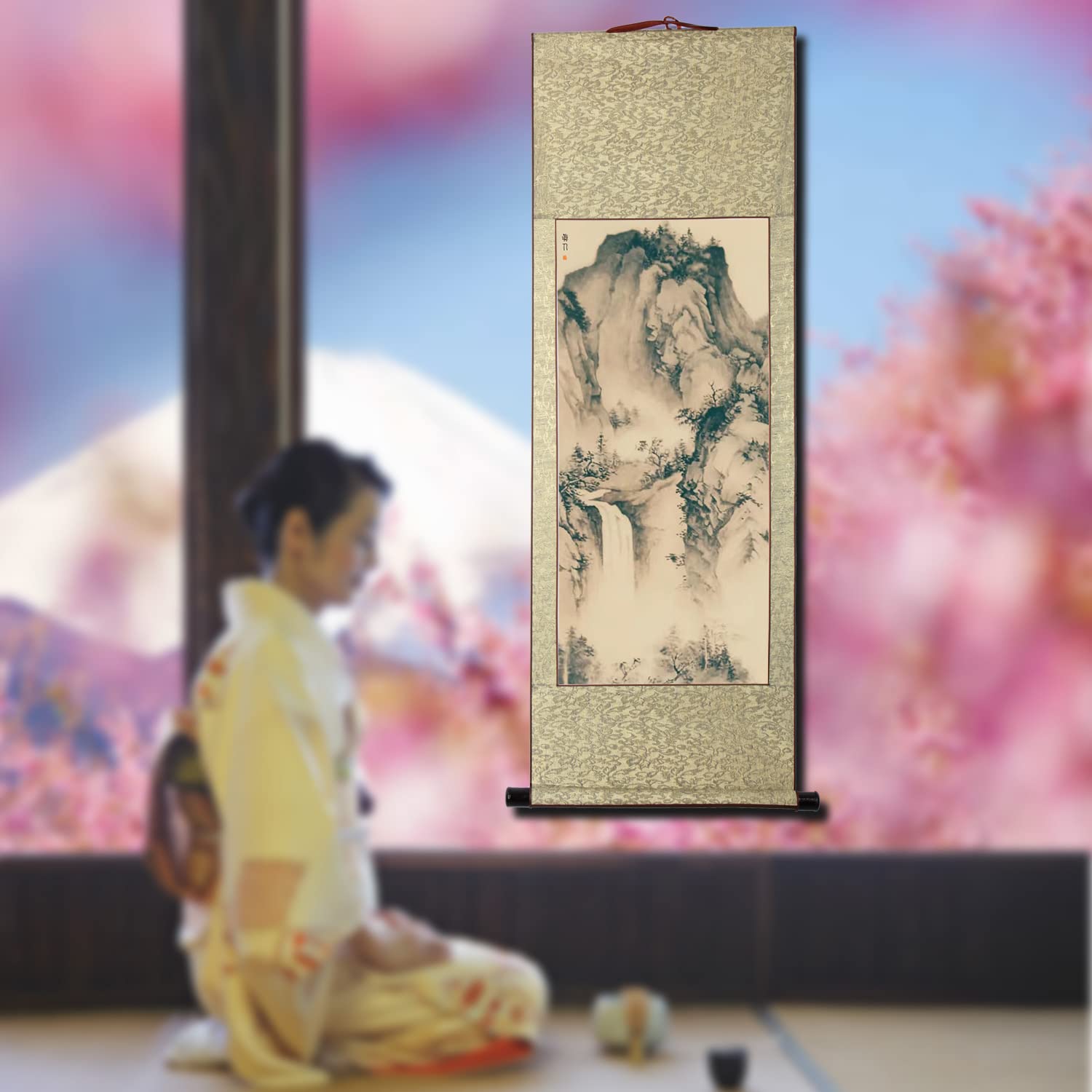 上田秀山　水墨山水　掛軸 約120cm x 40cm 掛軸 (掛け軸) 水墨山水 上田林外尺五立 約横54.5×縦190cm p2001 山水