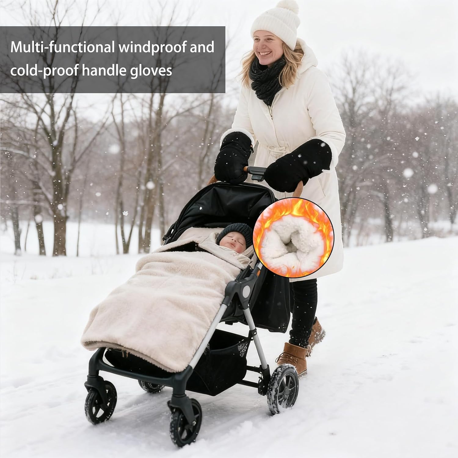 Winter Stroller Gloves Plush Warm Gloves,Frost-Proof Stroller Mittens Universal Anti-Freeze Hand Muffs, Easily Attaches to Parents and Caregivers