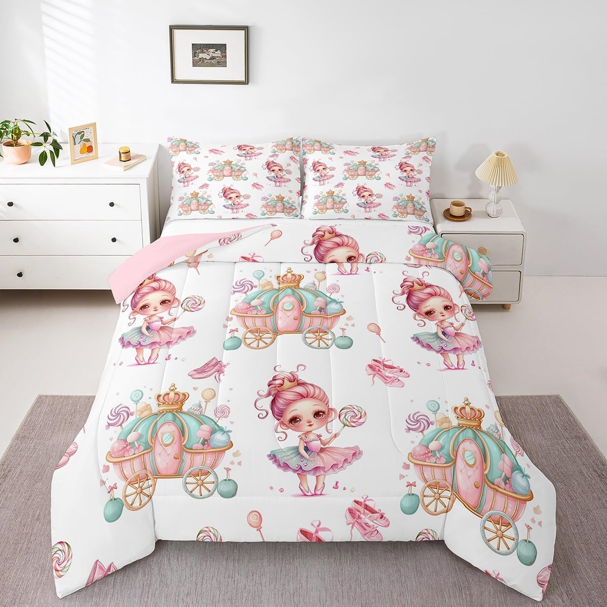 Candy Girl Kids Queen Comforter Sets,Kawaii Princess Carriage Reversible Bedding Set for Children,Watercolor Lollipop 3 Pieces Quilt Sets,Dreamy Princess Style Duvet Insert,2 Pillow Cases