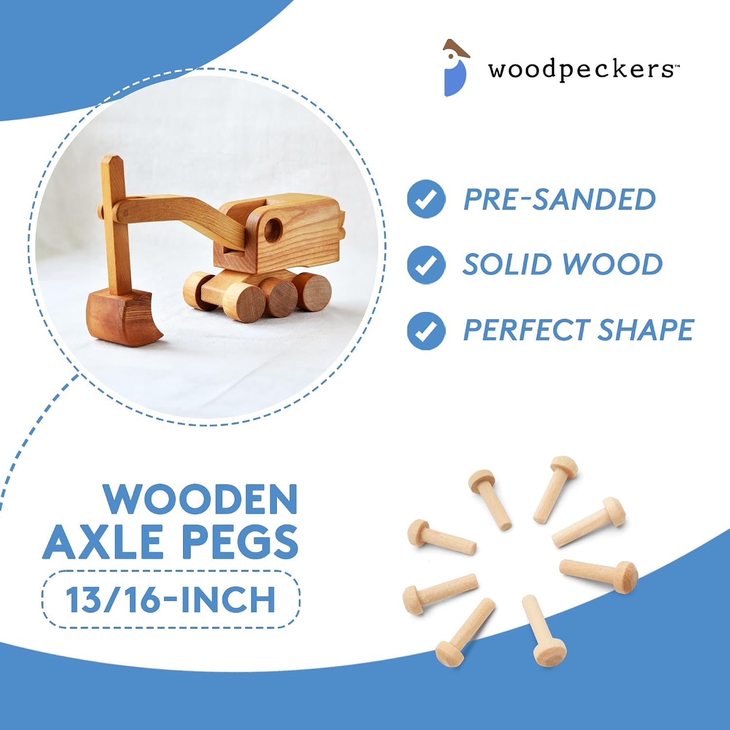 Wood Axle Pegs 13/16-inch, Pack of 50 Mini Wooden Pegs for Wood Train Craft, Fits 3/16-inch Hole Wood Wheels for Craft, by Woodpeckers