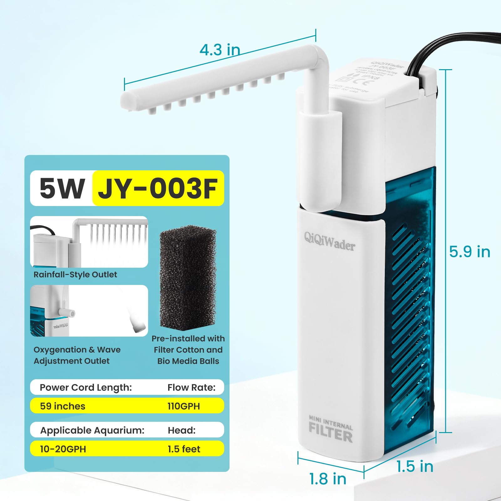 Filtro de acuario pequeño, filtro interno para acuario | Ideal para peceras de 10 a 20 galones, 5 W 110 GPH con dos modos. Funciona en agua dulce y salada.