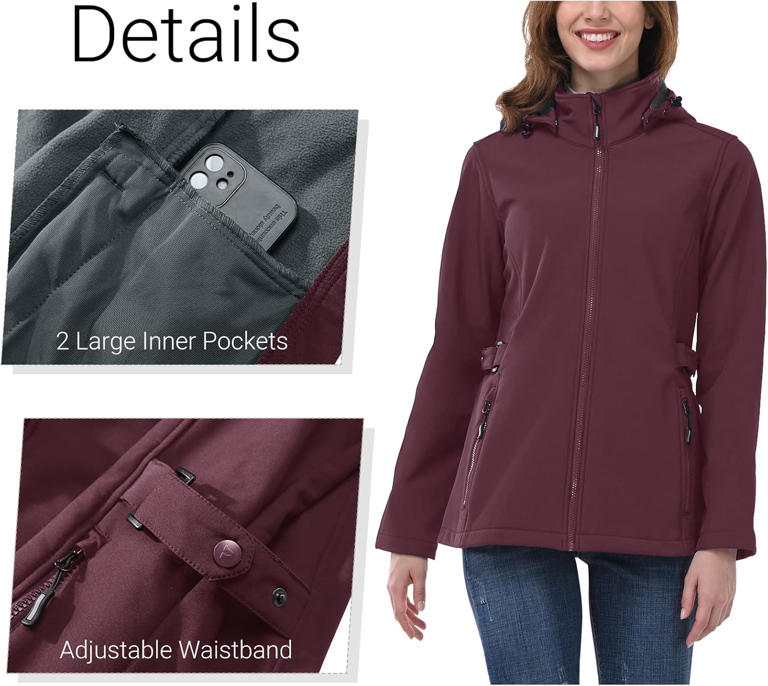 Outdoor Ventures Women's Softshell Jacket with Removable Hood, Insulated Windbreaker Waterproof Warm Fleece Lined Coat - Image 4