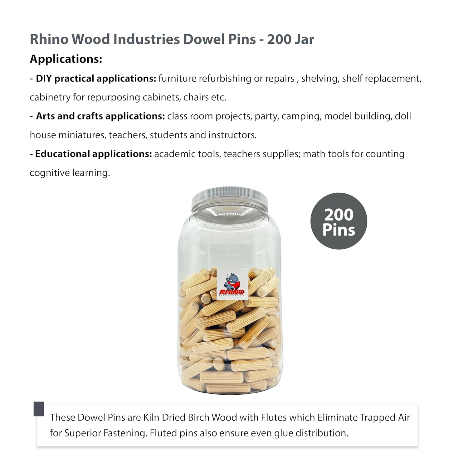 1/2" x 2" - 200 Pack Wooden Dowel Pins in Plastic Jar - Kiln Dried, Fluted, and Beveled (1/2" x 2", 200pk, Jar)