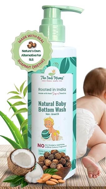 The Indi Mums Natural Baby Bottom Wash | Chemical Free Solution Cleans Diaper Area | Prevents Rash | Alternative to Baby Wipes | Soapnut, Aloe Vera, Shikakai & Neem | 200 ML